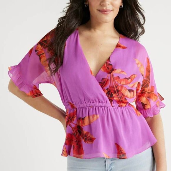 Pink & Orange Palm Leaf V-Neck Peplum Blouse, Ruffle Sleeve [size M] - Picture 1 of 10